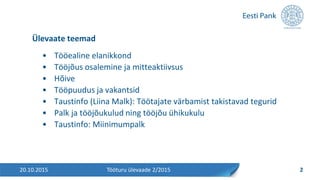• Tööealine elanikkond
• Tööjõus osalemine ja mitteaktiivsus
• Hõive
• Tööpuudus ja vakantsid
• Taustinfo (Liina Malk): Töötajate värbamist takistavad tegurid
• Palk ja tööjõukulud ning tööjõu ühikukulu
• Taustinfo: Miinimumpalk
Ülevaate teemad
20.10.2015 2Tööturu ülevaade 2/2015
 