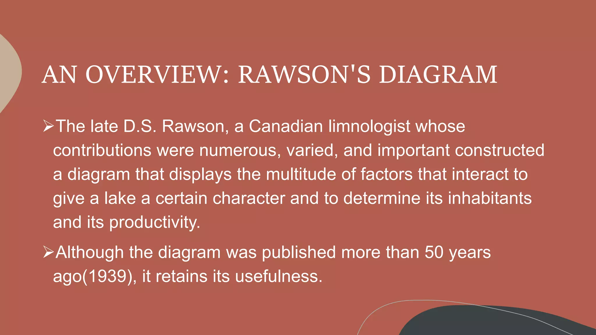 AN OVERVIEW: RAWSON'S DIAGRAM
The late D.S. Rawson, a Canadian limnologist whose
contributions were numerous, varied, and important constructed
a diagram that displays the multitude of factors that interact to
give a lake a certain character and to determine its inhabitants
and its productivity.
Although the diagram was published more than 50 years
ago(1939), it retains its usefulness.
 