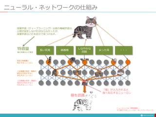 ニューラル・ネットワークの仕組み
長い尻尾 縞模様
しなやかな
四肢
尖った耳 ・・・
猫を認識
特徴量
猫の特徴を示す要素
特定の特徴量に
反応するニューロン
上位階層の特定・複数の
組合せが反応すると
反応するニューロン
上位階層の特定・複数の
組合せが反応すると
反応するニューロン
「猫」が入力されると
強く反応するニューロン
深層学習（ディープラーニング）以前の機械学習は、
人間が設定しなければならなかったが、
深層学習はこれを自分で見つけ出す。
ニューロンとは「神経細胞」。
その繋がりをニューラル・ネットワークという。
 