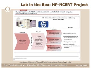 06/06/2015Prof. Vasudha Kamat, Vice Chancellor, SNDT Women's University, Mumbai
Lab in the Box: HP-NCERT Project
http://www.slideshare.net/ZinnovLLC/social-infrastructure-and-technology-in-india
 