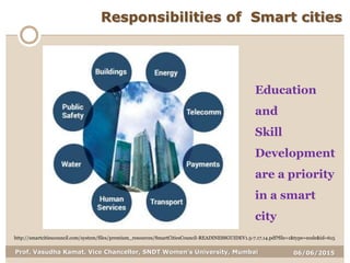 06/06/2015Prof. Vasudha Kamat, Vice Chancellor, SNDT Women's University, Mumbai
Responsibilities of Smart cities
http://smartcitiescouncil.com/system/files/premium_resources/SmartCitiesCouncil-READINESSGUIDEV1.5-7.17.14.pdf?file=1&type=node&id=615
Education
and
Skill
Development
are a priority
in a smart
city
 