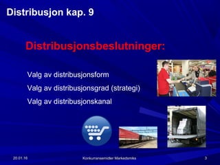 20.01.1620.01.16 Konkurransemidler MarkedsmiksKonkurransemidler Markedsmiks 33
Distribusjonsbeslutninger:
Valg av distribusjonsform
Valg av distribusjonsgrad (strategi)
Valg av distribusjonskanal
Distribusjon kap. 9
 