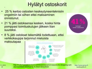 5.5.2021 http://www.sarvas.fi
maikku@iki.fi
20
Hylätyt ostoskorit
.
●
25 % kertoo ostosten keskeytyneenteknisiin
ongelmiin tai siihen ettei maksaminen
onnistunut.
●
21 % jätti ostoksensa kesken, koska hinta
pomppasi toimituskulujen jälkeen liian
suureksi.
●
8 % jätti ostokset tekemättä todettuaan, ettei
verkkokauppa tarjonnut mieluista
maksutapaa
http://multichannelmerchant.com/ecommerce/13-reasons-for-shopping-cart-
abandonment-and-how-to-fix-them-02112016/
 
