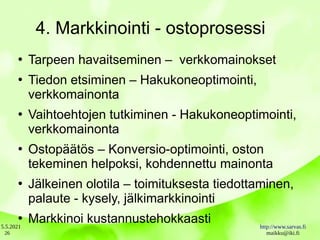 5.5.2021 http://www.sarvas.fi
maikku@iki.fi
26
4. Markkinointi - ostoprosessi
●
Tarpeen havaitseminen – verkkomainokset
●
Tiedon etsiminen – Hakukoneoptimointi,
verkkomainonta
●
Vaihtoehtojen tutkiminen - Hakukoneoptimointi,
verkkomainonta
●
Ostopäätös – Konversio-optimointi, oston
tekeminen helpoksi, kohdennettu mainonta
●
Jälkeinen olotila – toimituksesta tiedottaminen,
palaute - kysely, jälkimarkkinointi
●
Markkinoi kustannustehokkaasti
 
