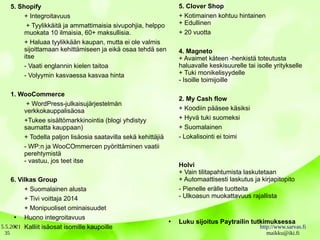5.5.2021 http://www.sarvas.fi
maikku@iki.fi
35
5. Shopify
+ Integroitavuus
+ Tyylikkäitä ja ammattimaisia sivupohjia, helppo
muokata 10 ilmaisia, 60+ maksullisia.
+ Haluaa tyylikkään kaupan, mutta ei ole valmis
sijoittamaan kehittämiseen ja eikä osaa tehdä sen
itse
- Vaati englannin kielen taitoa
- Volyymin kasvaessa kasvaa hinta
1. WooCommerce
+ WordPress-julkaisujärjestelmän
verkkokauppalisäosa
+Tukee sisältömarkkinointia (blogi yhdistyy
saumatta kauppaan)
+ Todella paljon lisäosia saatavilla sekä kehittäjiä
- WP:n ja WooCOmmercen pyörittäminen vaatii
perehtymistä
- vastuu, jos teet itse
6. Vilkas Group
+ Suomalainen alusta
+ Tivi voittaja 2014
+ Monipuoliset ominaisuudet
●
Huono integroitavuus
●
Kalliit isäosat isomille kaupoille
5. Clover Shop
+ Kotimainen kohtuu hintainen
+ Edullinen
+ 20 vuotta
4. Magneto
+ Avaimet käteen -henkistä toteutusta
haluavalle keskisuurelle tai isolle yritykselle
+ Tuki monikelisyydelle
- Isoille toimijoille
2. My Cash flow
+ Koodiin pääsee käsiksi
+ Hyvä tuki suomeksi
+ Suomalainen
- Lokalisointi ei toimi
Holvi
+ Vain tilitapahtumista laskutetaan
+ Automaattisesti laskutus ja kirjapitopito
- Pienelle erälle tuotteita
- Ulkoasun muokattavuus rajallista
●
Luku sijoitus Paytrailin tutkimuksessa
 