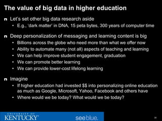 The value of big data in higher education
n Let’s set other big data research aside
   • E.g., ‘dark matter’ in DNA, 15 peta bytes, 300 years of computer time

n Deep personalization of messaging and learning content is big
   •   Billions across the globe who need more than what we offer now
   •   Ability to automate many (not all) aspects of teaching and learning
   •   We can help improve student engagement, graduation
   •   We can promote better learning
   •   We can provide lower-cost lifelong learning

n Imagine
   • If higher education had invested $$ into personalizing online education
     as much as Google, Microsoft, Yahoo, Facebook and others have
   • Where would we be today? What would we be today?



                                                                             30
 