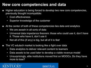 New core competencies and data
n Higher education is being forced to develop two new core competencies,
   previously thought incompatible:
    • Cost effectiveness
    • Superior knowledge of the customer

n At the center of both of these competencies lies data and analytics
    • We are awash in all sorts of data
    • Universal data impedance theorem: those who could use it, don’t have
      it. Those who have it, don’t use it
    • Not all of this (if any) is big, but all of it is fast

n The VC edutech market is looking like a fight over data
    • Data analytics to deliver relevant content to learners
    • Data assets to be used later to develop a viable revenue model
    • Unsurprisingly, elite institutions moved first on MOOCs. Do they have
      more to lose?

                                                                          34
 