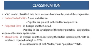CLASSIFICATION
• VKC can be classified into three variants based on the part of the conjunctiva.
• Bulbar/limbal VKC- Asian and African
- Papillae are present in the bulbar conjunctiva.
• Palpebral form - in Europe and the United.
- Papillae in the tarsal part of the upper palpebral conjunctiva
with a cobblestone appearance.
• Mixed form - in tropical countries, including the Indian subcontinent, with an
incidence reported as high as 72%.
- Clinical features of both “bulbar” and “palpebral” VKC.
 
