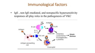 Immunological factors
• IgE , non IgE-mediated, and nonspecific hypersensitivity
responses all play roles in the pathogenesis of VKC
 