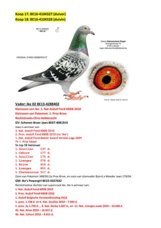 Koop 17: BE16-4104327 (duiver)
Koop 18: BE16-4104328 (duivin)
Vader: Ike 02 BE13-4288402
Kleinzoon van Ike: 1. Nat Asduif Fond KBDB 2010
Kleinzoon van Pokemon: 1. Prov Brive.
Rechtstreeks Chris Hebberecht
GV: Schonen Broer Jaws BE07-4081914
Jaws is winnaar van:
3. Nat. Asduif Fond KBDB 2010
2. Prov. Asduif Fond KBDB 2010 (na ‘Ike’)
1. Nat. Asduif Fond Master Award Versele Laga 2009
7x 1. Prijs lokaal
5x top 58 Nationaal
1.Souillac 137 d.
1.Cahors 177 d.
1.Souillac 175 d.
1.Limoges 278 d.
1.Brive 418 d.
1.Limoges 801 d.
1.Chateauroux 517 d.
Zoon van Pokemon 348/99 (1e Prov Brive, en zoon van stamvader Bjorn) x Moeder Jaws 179/04.
GM: Ike’s Powergirl BE10-4327642
Rechtstreekse dochter van supercrack Ike. Ike is winnaar van:
1. Nat. Asduif Fond KBDB 2010
1. Prov. Asduif Fond KBDB 2010
1. Asduif Belgische Verstandhouding 2010
1. prov. 1.738 d. en 6. Nat. Souillac 2010 – 7.045 d.
1. prov. 2y 1.750 d. , 8. Nat. Derby 5.607 d., en 11. Nat. Limoges oude 2010 – 10.448 d.
45. Nat. Brive 2010 – 16.815 d.
46. Nat. Cahors 2010 – 8.651 d.
 
