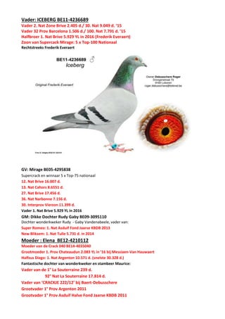 Vader: ICEBERG BE11-4236689
Vader 2. Nat Zone Brive 2.405 d./ 30. Nat 9.049 d. ‘15
Vader 32 Prov Barcelona 1.506 d./ 100. Nat 7.791 d. ’15
Halfbroer 1. Nat Brive 5.929 YL in 2016 (Frederik Everaert)
Zoon van Supercack Mirage: 5 x Top-100 Nationaal
Rechtstreeks Frederik Everaert
GV: Mirage BE05-4295838
Supercrack en winnaar 5 x Top-75 nationaal
12. Nat Brive 16.007 d.
13. Nat Cahors 8.6551 d.
27. Nat Brive 17.456 d.
36. Nat Narbonne 7.156 d.
30. Interprov Vierzon 11.399 d.
Vader 1. Nat Brive 5.929 YL in 2016
GM: Dikke Dochter Rudy Gaby BE09-3095110
Dochter wonderkweker Rudy - Gaby Vandenabeele, vader van:
Super Romeo: 1. Nat Asduif Fond Jaarse KBDB 2013
New Bliksem: 1. Nat Tulle 5.731 d. in 2014
Moeder : Elena BE12-4210112
Moeder van de Crack 040 BE14-4035040
Grootmoeder 1. Prov Chateaudun 2.083 YL in ’16 bij Messiaen-Van Hauwaert
Halfzus Diego: 1. Nat Argenton 10.571 d. (snelste 30.328 d.)
Fantastische dochter van wonderkweker en stambeer Maurice:
Vader van de 1° La Souterraine 239 d.
92° Nat La Souterraine 17.814 d.
Vader van ‘CRACKJE 222/12’ bij Baert-Debusschere
Grootvader 1° Prov Argenton 2011
Grootvader 1° Prov Asduif Halve Fond Jaarse KBDB 2011
 