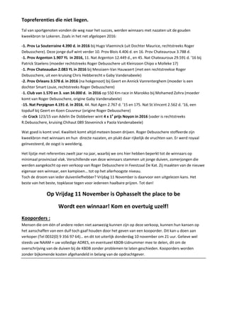 Topreferenties die niet liegen.
Tal van sportgenoten vonden de weg naar het succes, werden winnaars met nazaten uit de gouden
kweekbron te Lokeren. Zoals in het net afgelopen 2016:
-1. Prov La Souterraine 4.390 d. in 2016 bij Hugo Vlaeminck (uit Dochter Maurice, rechtstreeks Roger
Debusschere). Deze jonge duif wint verder 10. Prov Blois 4.406 d. en 16. Prov Chateauroux 3.788 d.
-1. Prov Argenton 1.907 YL in 2016, 11. Nat Argenton 12.449 d., en 45. Nat Chateauroux 29.591 d. ’16 bij
Patrick Staelens (moeder rechtstreeks Roger Debusschere uit Kleinzoon Chipo x Molleke 17)
-1. Prov Chateaudun 2.083 YL in 2016 bij Messiaen-Van Hauwaert (met een rechtstreekse Roger
Debusschere, uit een kruising Chris Hebberecht x Gaby Vandenabeele)
-2. Prov Orleans 3.578 d. in 2016 (na hokgenoot) bij Geert en Annick Vanrenterghem (moeder is een
dochter Smart Louie, rechtstreeks Roger Debusschere)
-1. Club van 1.570 en 3. van 34.000 d. in 2016 op 550 Km-race in Marokko bij Mohamed Zohra (moeder
komt van Roger Debusschere, origine Gaby Vandenabeele)
-15. Nat Perpignan 4.191 d. in 2016, 44. Nat Agen 2.767 d. ’15 en 175. Nat St.Vincent 2.562 d. ‘16, een
topduif bij Geert en Koen Couvreur (origine Roger Debusschere)
-de Crack 123/15 van Adelin De Dobbeleer wint 4 x 1e
prijs Noyon in 2016 (vader is rechtstreeks
R.Debusschere, kruising Chihaut 089 Steveninck x Paola Vandenabeele)
Wat goed is komt snel. Kwaliteit komt altijd meteen boven drijven. Roger Debusschere stoffeerde zijn
kweekbron met winnaars en hun directe nazaten, en plukt daar rijkelijk de vruchten van. Er werd royaal
geïnvesteerd, de oogst is weelderig.
Het lijstje met referenties zwelt jaar na jaar, waarbij we ons hier hebben beperkt tot de winnaars op
minimaal provinciaal vlak. Verschillende van deze winnaars stammen uit jonge duiven, zomerjongen die
werden aangekocht op een verkoop van Roger Debusschere in Feestzaal De Kat. Zij maakten van de nieuwe
eigenaar een winnaar, een kampioen… tot op het allerhoogste niveau.
Toch de droom van ieder duivenliefhebber? Vrijdag 11 November is daarvoor een uitgelezen kans. Het
beste van het beste, topklasse tegen voor iedereen haalbare prijzen. Tot dan!
Op Vrijdag 11 November is Ophasselt the place to be
Wordt een winnaar! Kom en overtuig uzelf!
Kooporders :
Mensen die om één of andere reden niet aanwezig kunnen zijn op deze verkoop, kunnen hun kansen op
het aanschaffen van een duif toch gaaf houden door het geven van een kooporder. Dit kan u doen aan
verkoper (Tel 0032(0) 9 356 97 64)… en dit tot uiterlijk donderdag 10 november om 21 uur. Gelieve wel
steeds uw NAAM + uw volledige ADRES, en eventueel KBDB-Lidnummer mee te delen, dit om de
overschrijving van de duiven bij de KBDB zonder problemen te laten geschieden. Kooporders worden
zonder bijkomende kosten afgehandeld in belang van de opdrachtgever.
 