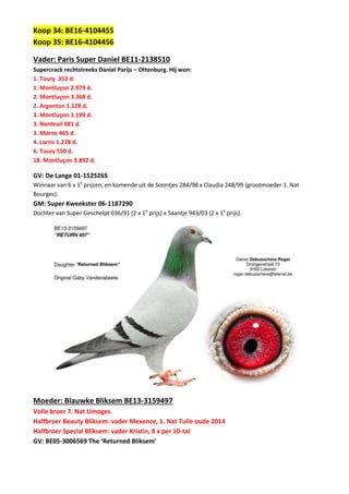Koop 34: BE16-4104455
Koop 35: BE16-4104456
Vader: Paris Super Daniel BE11-2138510
Supercrack rechtstreeks Daniel Parijs – Ottenburg. Hij won:
1. Toury 353 d.
1. Montluçon 2.979 d.
2. Montluçon 3.368 d.
2. Argenton 1.128 d.
3. Montluçon 1.199 d.
3. Nanteuil 681 d.
3. Marne 465 d.
4. Lorris 1.278 d.
6. Toury 550 d.
18. Montluçon 3.892 d.
GV: De Lange 01-1525265
Winnaar van 6 x 1e
prijzen, en komende uit de Soontjes 284/98 x Claudia 248/99 (grootmoeder 1. Nat
Bourges).
GM: Super Kweekster 06-1187290
Dochter van Super Geschelpt 036/91 (2 x 1e
prijs) x Saantje 943/03 (2 x 1e
prijs).
Moeder: Blauwke Bliksem BE13-3159497
Volle broer 7. Nat Limoges.
Halfbroer Beauty Bliksem: vader Mexence, 1. Nat Tulle oude 2014
Halfbroer Special Bliksem: vader Kristin, 8 x per 10-tal
GV: BE05-3006569 The ‘Returned Bliksem’
 