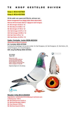 T E K O O P G E S T E L D E D U I V E N
Koop 1: BE16-4257829
Koop 2: BE16-4257830
Uit de vader van supercrack Marnix, winnaar van:
Beste Limogesduif van België 2012-2013-2014-2015
Winnaar Brivevrienden 2015 (1e
afgegeven duif Limoges)
24. Nat Limoges 15.012 d. ’15
34. Nat Libourne 6.658 d. ’13
48. Nat Limoges 17.735 d. ’12
116. Nat Limoges 14.271 d. ’13
120. Nat Limoges 18.390 d. ’14
210. Nat Tulle 5.976 d. ’14
329. Nat Poitiers 12.379 d. ’14
Vader: Contador Junior BE08-4022454
Afkomstig van Marnix Leutenez
GV: Contador BE03-4375940
Fantastische fondvlieger met op zijn erelijst: 16. Nat Perpignan, 26. Nat Perpignan, 35. Nat Cahors, 50.
Intnat Perpignan, 54. Intnat Perpignan…
GM: Jong Houfflijntje BE03-4375931
Moeder: Erika BE13-2022024
Superduivin, rechtstreeks Erik Limbourg en winnares van:
1.Chateauroux 552 d.
68. Nat Chateauroux 12.071 d.
12. Nat Zone Bourges 5.666 d.
36. Prov Vierzon 1.375 d.
58. Nat Zone Gueret 2.247 d.
 
