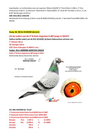 Superkweker, en rechtstreekse zoon van superstar ‘Bliksem 062/98’ (1° Prov Poitiers 1.448 d., 2° Prov
Chateauroux 4.662 d… en kleinzoon ‘Wittenbuik’) x ‘Betty 030/01’ (2° Lok & 38° Prov Blois 5.115 d., 2° Lok
& 94° Nat Bourges 14.535 d.).
GM: Eline BE11-2101195
Rechtstreeks Erik Limbourg uit Broer Lucky 85 BE08-2239338 (Lucky 85: 1. Nat Asduif Fond KBDB 2006) x De
095/05
Koop 36: BE16-4104440 (duivin)
Uit de ouders van de 3e
N.Zone Argenton 6.487 jonge in 2014!!!
Halfzus (zelfde vader) van de B12-4210240, bij Baert-Debusschere winnaar van:
7° Orleans 781 d.
20° Bourges 554 d.
518° Zone A Bourges 11.0033 d. enz…
Vader: B11-4008984 BONTEN CRACK
Vader 3e
N.Zone Argenton 6.487 jonge in 2014
Rechtstreeks Benny Steveninck, Hamme
GV: B05-4323999 De ‘Crack’
1° Provinciale Asduif Halve Fond KBDB Oost-Vl 2007
3° Nationale Asduif ‘Kleine Halve Fond’ KBDB 2007
3° Provinciale Asduif Halve Fond KBDB Oost-Vl 2006
Bourges Prov 1.687 d. 1 (in 2007)
Bourges Nat 12.898 d. 11 (in 2006)
Dourdan 782 d. 1
Dourdan 394 d. 1
 