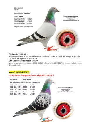 GV: Wim BE11-6115021
Afkomstig van Wim De Troy uit de Blauwen BE10-6163863 (broer 16. En 94. Nat Bourges 37.357 d.) x
Dochter 1. Nat Argenton BE10-6166238
GM: Dochter Kaasboer BE10-6031800
Uit de gouden stambeer Kaasboer BE98-6335690 x Blauwke Rik BE04-6307341 (moeder Asduif, moeder
Olympiadeduif).
Koop 7: BE16-4257823
Uit de beste Limogesduif van België 2012-2015!!!
 