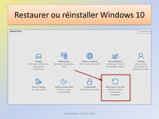 Restaurer ou réinstaller Windows 10
Médiathèque - Lorient - 2016
 