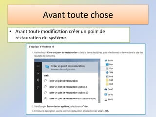 Avant toute chose
• Avant toute modification créer un point de
restauration du système.
Médiathèque - Lorient - 2016
 