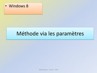 Méthode via les paramètres
• Windows 8
Médiathèque - Lorient - 2016
 