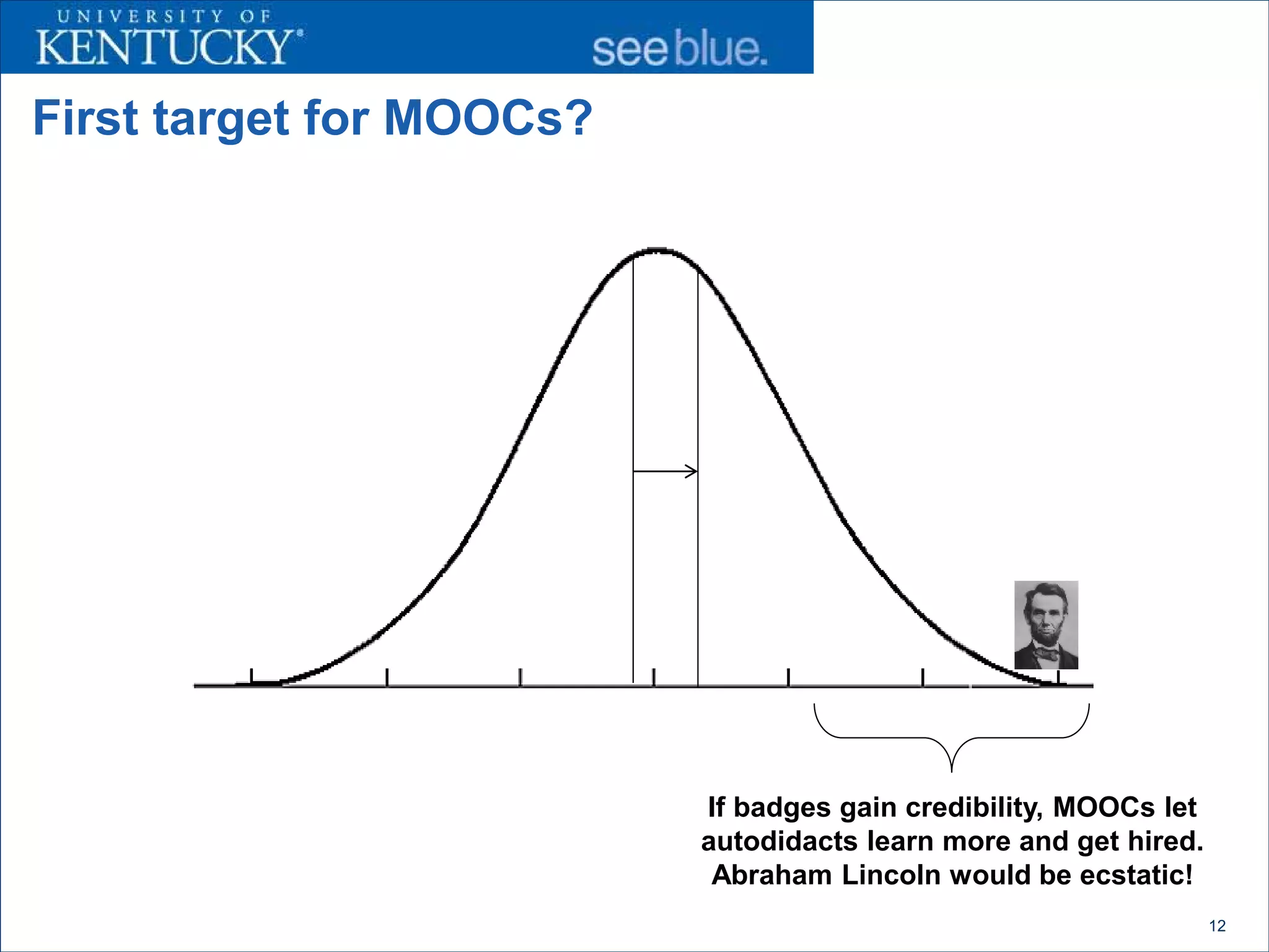 First target for MOOCs?




                          If badges gain credibility, MOOCs let
                          autodidacts learn more and get hired.
                           Abraham Lincoln would be ecstatic!
                                                                  12
 