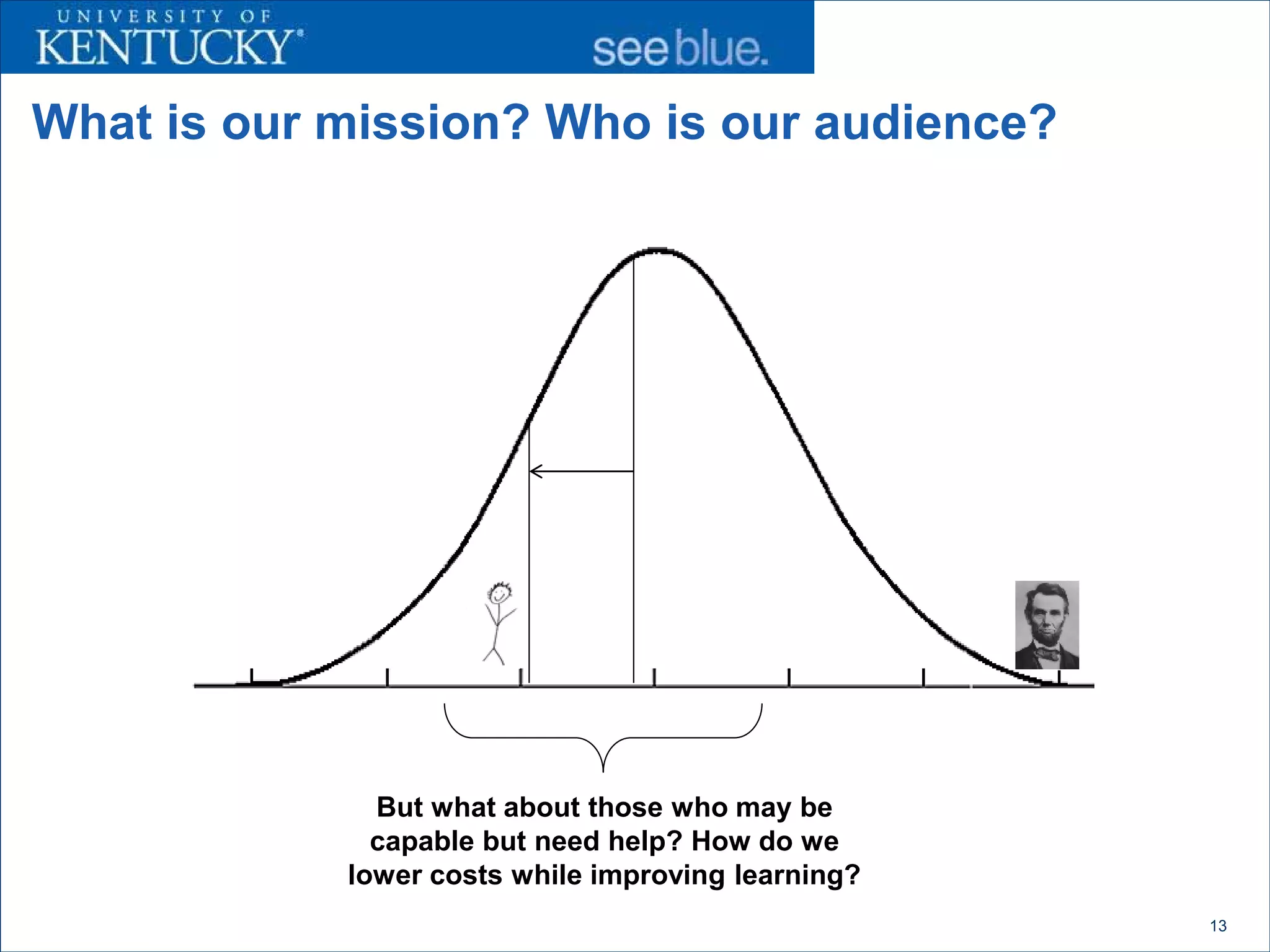 What is our mission? Who is our audience?




              But what about those who may be
              capable but need help? How do we
            lower costs while improving learning?
                                                    13
 