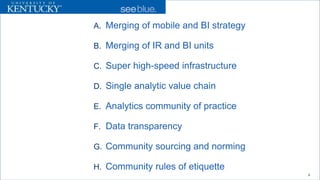 A. 
Merging of mobile and BI strategy 
B. 
Merging of IR and BI units 
C. 
Super high-speed infrastructure 
D. 
Single analytic value chain 
E. 
Analytics community of practice 
F. 
Data transparency 
G. 
Community sourcing and norming 
H. 
Community rules of etiquette 
8 
 