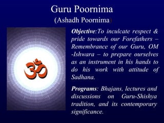 Guru Poornima (Ashadh Poornima ) Objective :To inculcate respect & pride towards our Forefathers – Remembrance of our Guru, OM -Ishwara – to prepare ourselves as an instrument in his hands to do his work with attitude of Sadhana. Programs : Bhajans, lectures and discussions on Guru-Shishya tradition, and its contemporary significance.   