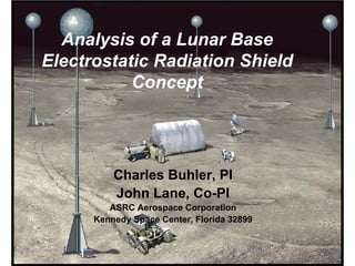 Analysis of a Lunar Base Electrostatic Radiation Shield ConceptCharles Buhler, PIJohn Lane, Co-PIASRC Aerospace CorporationKennedy Space Center, Florida 32899  