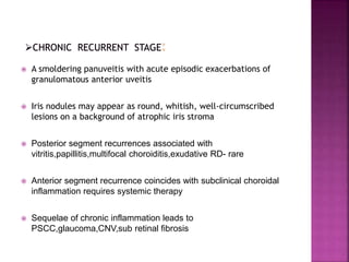  A smoldering panuveitis with acute episodic exacerbations of
granulomatous anterior uveitis
 Iris nodules may appear as round, whitish, well-circumscribed
lesions on a background of atrophic iris stroma
 Posterior segment recurrences associated with
vitritis,papillitis,multifocal choroiditis,exudative RD- rare
 Anterior segment recurrence coincides with subclinical choroidal
inflammation requires systemic therapy
 Sequelae of chronic inflammation leads to
PSCC,glaucoma,CNV,sub retinal fibrosis
 