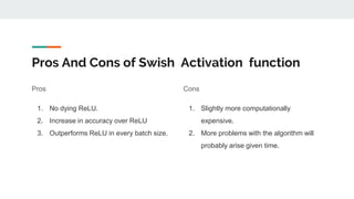 Pros And Cons of Swish Activation function
Pros
1. No dying ReLU.
2. Increase in accuracy over ReLU
3. Outperforms ReLU in every batch size.
Cons
1. Slightly more computationally
expensive.
2. More problems with the algorithm will
probably arise given time.
 