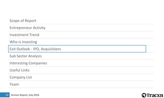 Drones Report, July 2016
Scope of Report
Entrepreneur Activity
Investment Trend
Who is Investing
Exit Outlook - IPO, Acquisitions
Sub Sector Analysis
Interesting Companies
Useful Links
Company List
Team
0
20
 