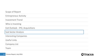 Drones Report, July 2016
Scope of Report
Entrepreneur Activity
Investment Trend
Who is Investing
Exit Outlook - IPO, Acquisitions
Sub Sector Analysis
Interesting Companies
Useful Links
Company List
Team
3
23
 