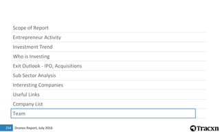 Drones Report, July 2016
Scope of Report
Entrepreneur Activity
Investment Trend
Who is Investing
Exit Outlook - IPO, Acquisitions
Sub Sector Analysis
Interesting Companies
Useful Links
Company List
Team
4
254
 