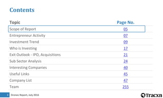 Drones Report, July 20163
Contents
3
Topic Page No.
Scope of Report 05
Entrepreneur Activity 07
Investment Trend 09
Who is Investing 17
Exit Outlook - IPO, Acquisitions 21
Sub Sector Analysis 24
Interesting Companies 40
Useful Links 45
Company List 47
Team 255
 