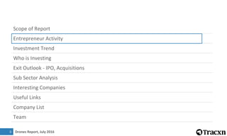 Drones Report, July 2016
Scope of Report
Entrepreneur Activity
Investment Trend
Who is Investing
Exit Outlook - IPO, Acquisitions
Sub Sector Analysis
Interesting Companies
Useful Links
Company List
Team
66
 