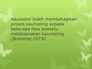 Kaunselor boleh membahagikan
proses kaunseling kepada
beberapa fasa sewaktu
melaksanakan kaunseling
(Brammer,19730
 