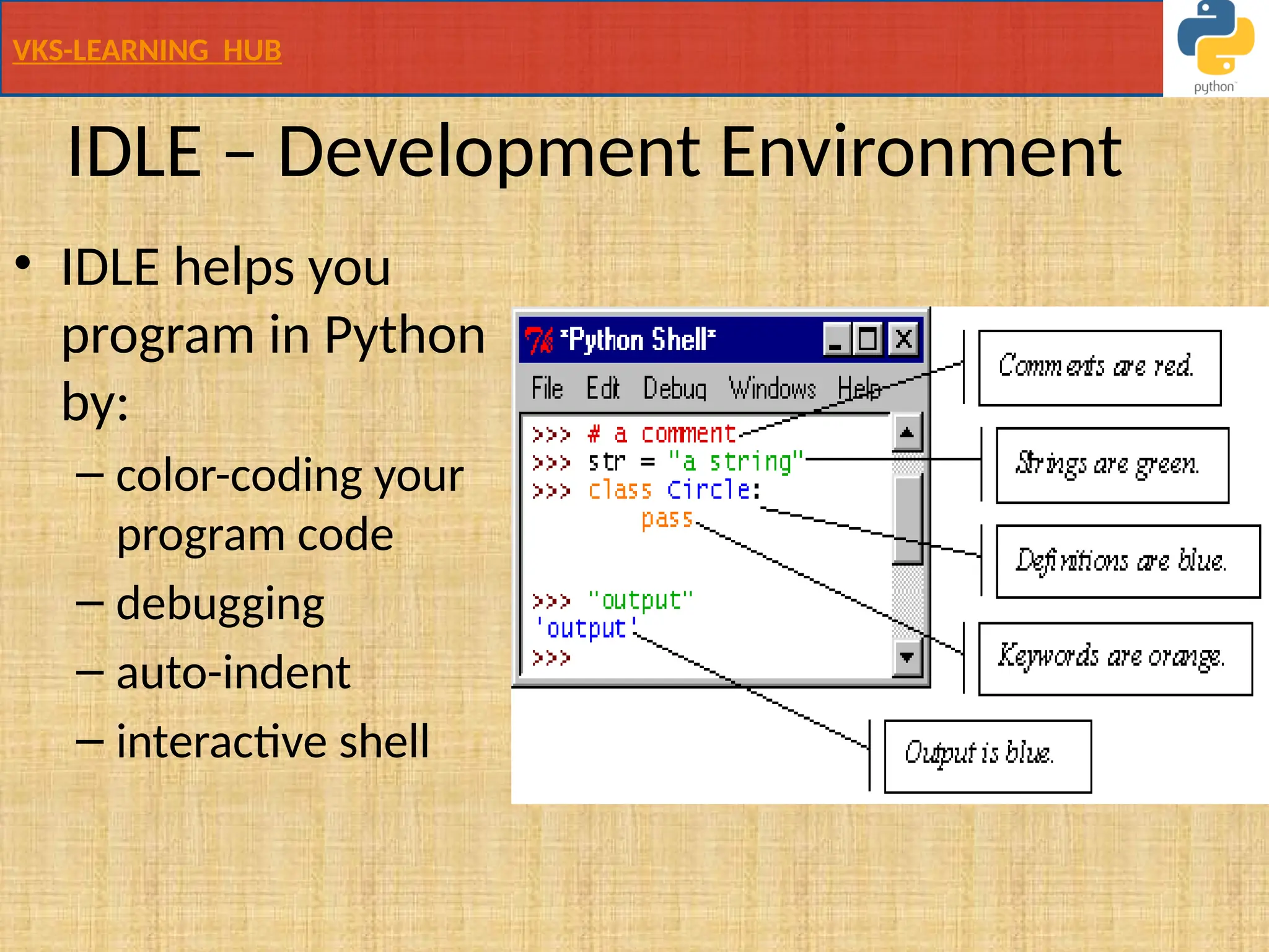 VKS-LEARNING HUB
IDLE – Development Environment
• IDLE helps you
program in Python
by:
– color-coding your
program code
– debugging
– auto-indent
– interactive shell
 