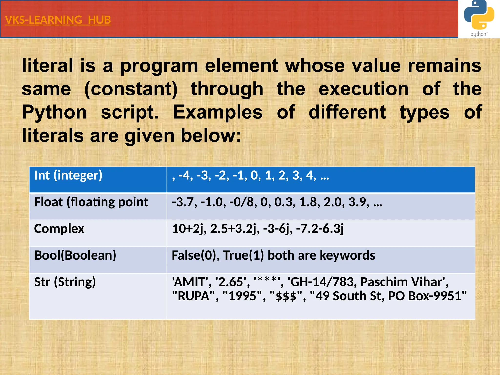 VKS-LEARNING HUB
Int (integer) , -4, -3, -2, -1, 0, 1, 2, 3, 4, …
Float (floating point -3.7, -1.0, -0/8, 0, 0.3, 1.8, 2.0, 3.9, …
Complex 10+2j, 2.5+3.2j, -3-6j, -7.2-6.3j
Bool(Boolean) False(0), True(1) both are keywords
Str (String) 'AMIT', '2.65', '***', 'GH-14/783, Paschim Vihar',
"RUPA", "1995", "$$$", "49 South St, PO Box-9951"
literal is a program element whose value remains
same (constant) through the execution of the
Python script. Examples of different types of
literals are given below:
 