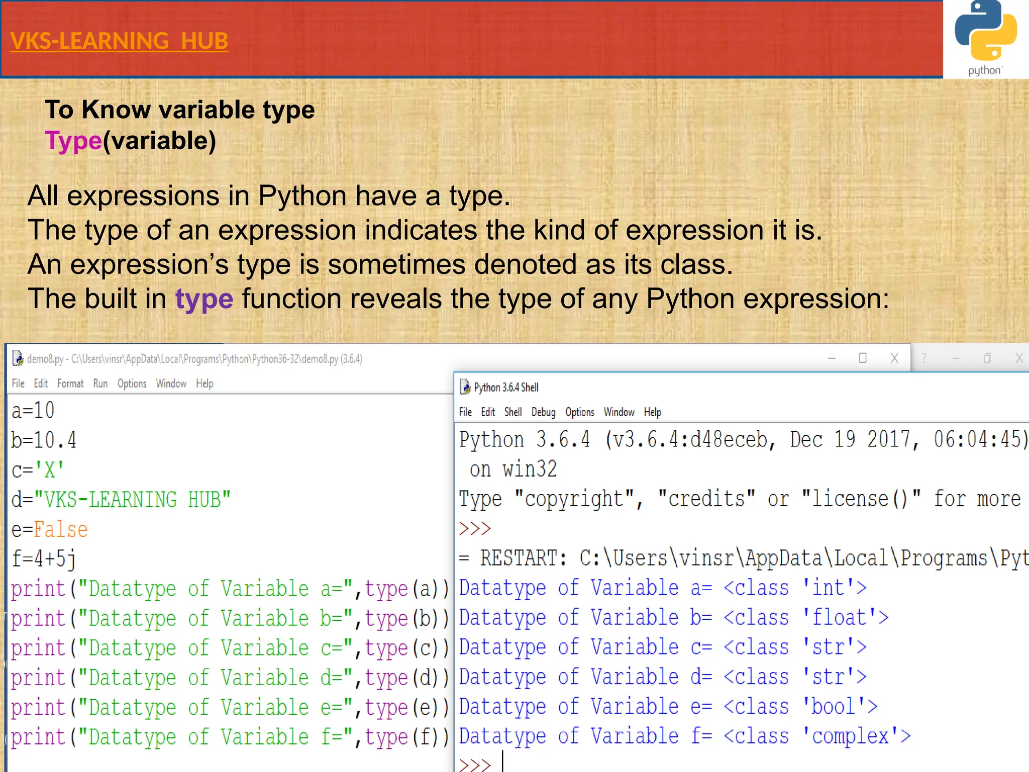 VKS-LEARNING HUB
All expressions in Python have a type.
The type of an expression indicates the kind of expression it is.
An expression’s type is sometimes denoted as its class.
The built in type function reveals the type of any Python expression:
To Know variable type
Type(variable)
 