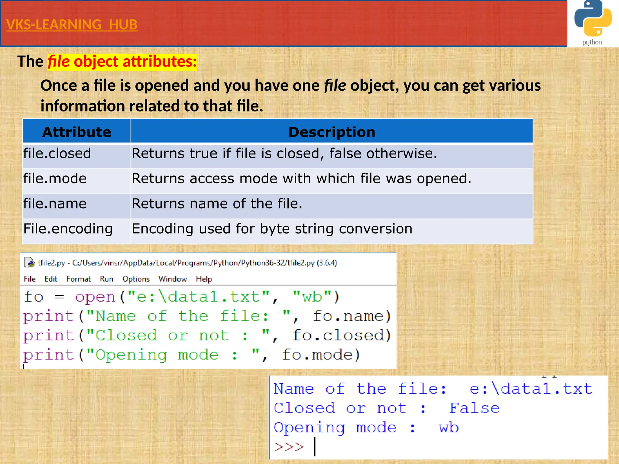 VKS-LEARNING HUB
The file object attributes:
Once a file is opened and you have one file object, you can get various
information related to that file.
Attribute Description
file.closed Returns true if file is closed, false otherwise.
file.mode Returns access mode with which file was opened.
file.name Returns name of the file.
File.encoding Encoding used for byte string conversion
 