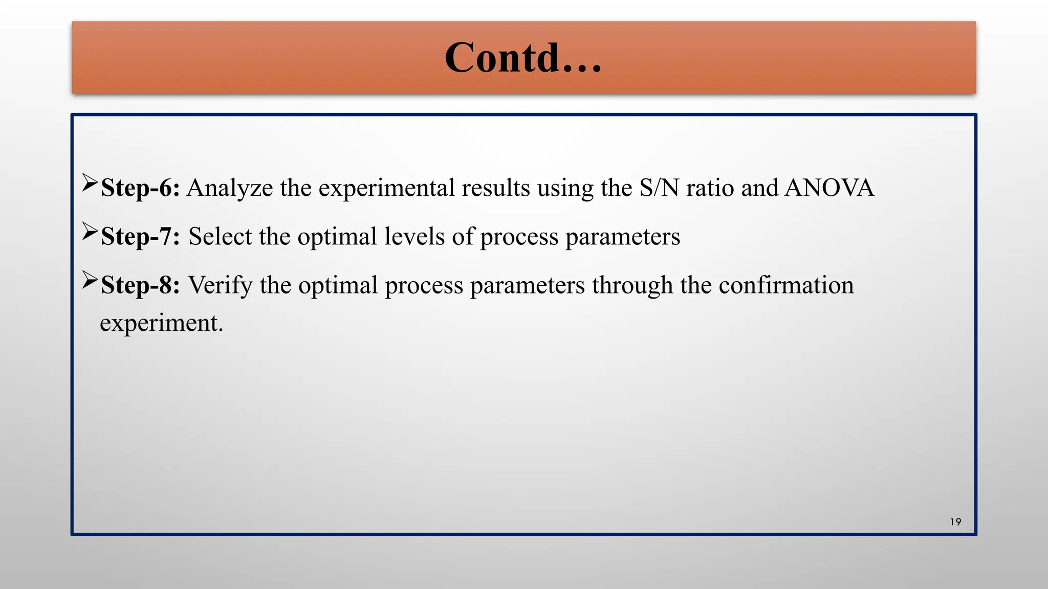 19
Step-6: Analyze the experimental results using the S/N ratio and ANOVA
Step-7: Select the optimal levels of process parameters
Step-8: Verify the optimal process parameters through the confirmation
experiment.
Contd…
 