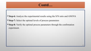 19
Step-6: Analyze the experimental results using the S/N ratio and ANOVA
Step-7: Select the optimal levels of process parameters
Step-8: Verify the optimal process parameters through the confirmation
experiment.
Contd…
 