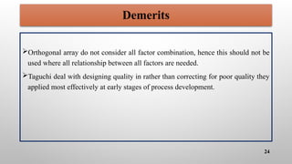 Demerits
Orthogonal array do not consider all factor combination, hence this should not be
used where all relationship between all factors are needed.
Taguchi deal with designing quality in rather than correcting for poor quality they
applied most effectively at early stages of process development.
24
 