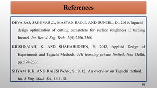 References
DEVA RAJ, SRINIVAS ,C., MASTAN RAO, P. AND SUNEEL, D., 2016, Taguchi
design optimization of cutting parameters for surface roughness in turning
Inconel. Int. Res. J. Eng. Tech., 3(5):2556-2560.
KRISHNAIAH, K. AND SHAHABUDEEN, P., 2012, Applied Design of
Experiments and Taguchi Methods. PHI learning private limited, New Delhi,
pp.:198-233.
SHYAM, K.K. AND RAJESHWAR, S., 2012, An overview on Taguchi method.
Int. J. Eng. Math. Sci., 1:11-18.
50
 