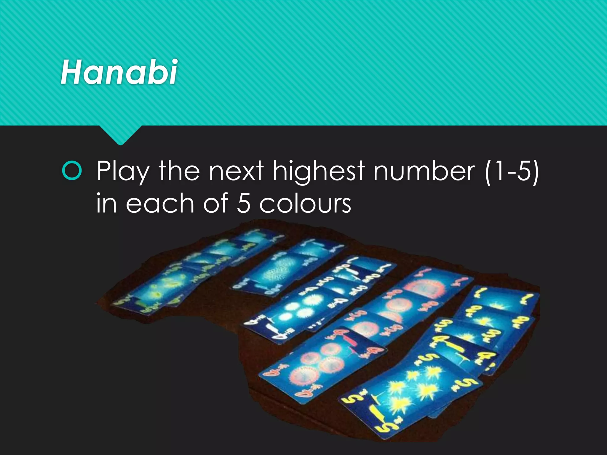 Hanabi
 Play the next highest number (1-5)
in each of 5 colours
 