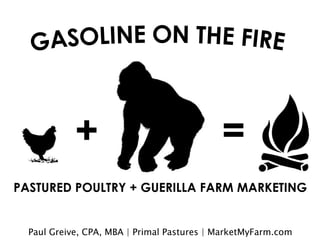 + =
PASTURED POULTRY + GUERILLA FARM MARKETING
Paul Greive, CPA, MBA | Primal Pastures | MarketMyFarm.com
 