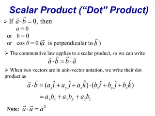 Scalar Product (“Dot” Product) 
If a b  0, then 
 
 The commutative law applies to a scalar product, so we can write 
    
   
a b b a 
When two vectors are in unit-vector notation, we write their dot 
product as 
  ( ˆ  ˆ  ˆ)  ( ˆ  ˆ  ˆ) 
a b a i a j a k b i b j b k 
x y z x y z 
a b a b a b 
   
x x y y z z 
  
  
a = 0 
or b = 0 
 
or cos θ = 0 ( a 
is perpendicular to ) b 
 
Note: 
  
2 a a  a 
 
