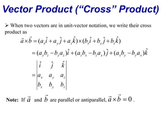 Vector Product (“Cross” Product) 
When two vectors are in unit-vector notation, we write their cross 
product as 
( ˆ ˆ ˆ) ( ˆ ˆ ˆ) 
a  b  a i  a j  a k  b i  b j  
b k 
x y z x y z 
( a b b a )i ˆ ( a b b a ) ˆ j ( a b b a ) k 
ˆ 
      
y z y z z x z x x y y x 
ˆ ˆ ˆ 
i j k 
a a a 
x y z 
b b b 
x y z 
 
  
 
 
  
Note: If a and b 
are parallel or antiparallel, . 
a b  0 
 