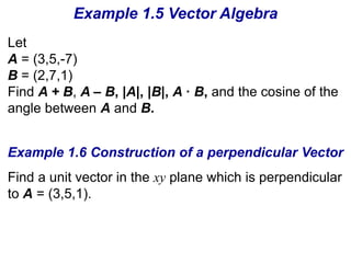 Example 1.5 Vector Algebra 
Let 
A = (3,5,-7) 
B = (2,7,1) 
Find A + B, A – B, |A|, |B|, A · B, and the cosine of the 
angle between A and B. 
Example 1.6 Construction of a perpendicular Vector 
Find a unit vector in the xy plane which is perpendicular 
to A = (3,5,1). 
 