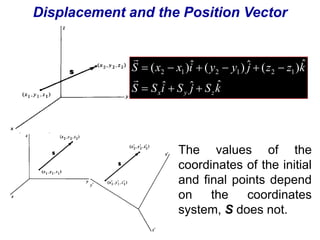 Displacement and the Position Vector 
( )ˆ ( ) ˆ ( ) ˆ 2 1 2 1 2 1 
   
S x x i y y j z z k 
      
 
ˆ ˆ ˆ 
S S i S j S k 
x y z 
 
The values of the 
coordinates of the initial 
and final points depend 
on the coordinates 
system, S does not. 
 